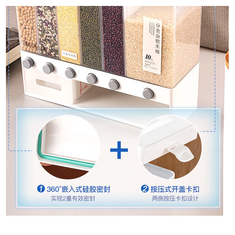 Hộp đựng ngũ cốc có 6 ngăn phân chia các loại hạt kèm 1 cốc lấy hạt dung tích 10 lít