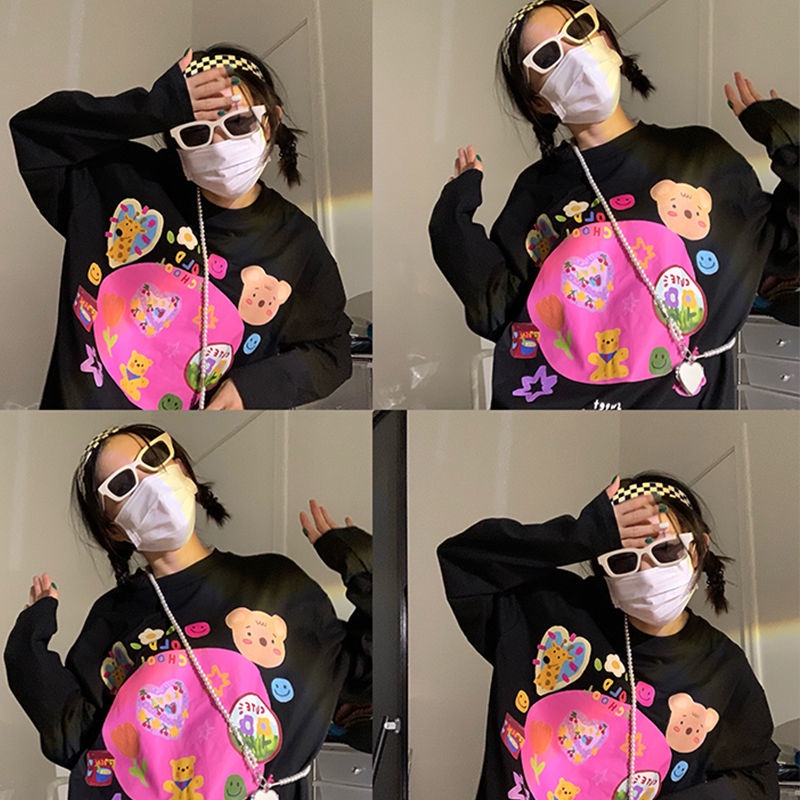 Áo thun tay dài dáng rộng thiết kế thời trang mùa thu theo phong cách Hàn Quốc cho nữ