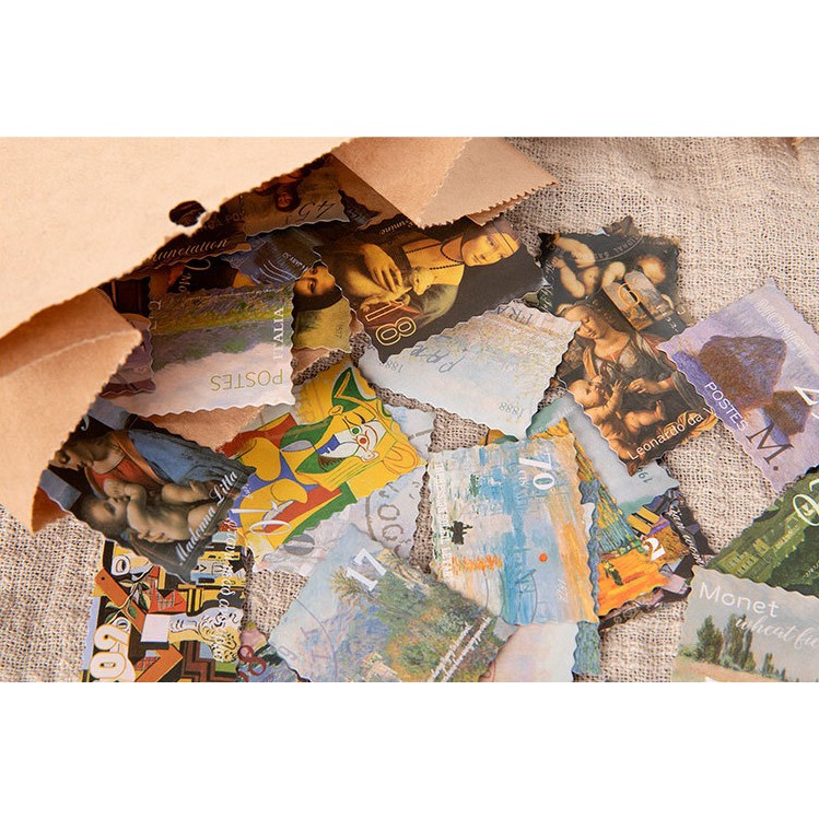 Hộp 45 miếng sticker mẫu tem hình các bức tranh