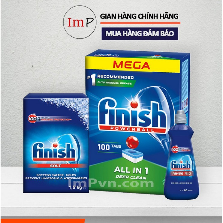 Combo Viên rửa bát Finish Hộp All in one 100 viên, Muối 1.5kg, Nước làm bóng 400ml