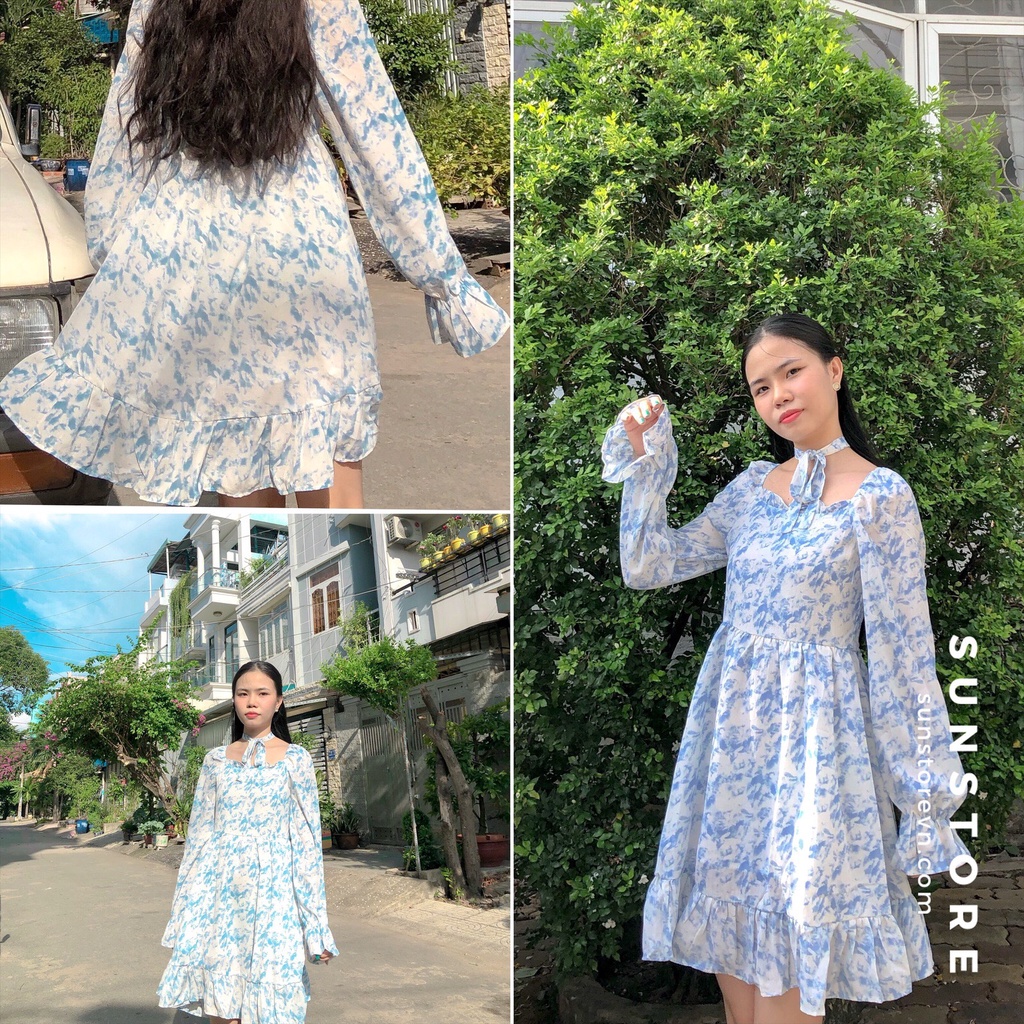Đầm hoa nhí dáng ngắn mini váy xoè tay dài nữ họa tiết xanh trắng
