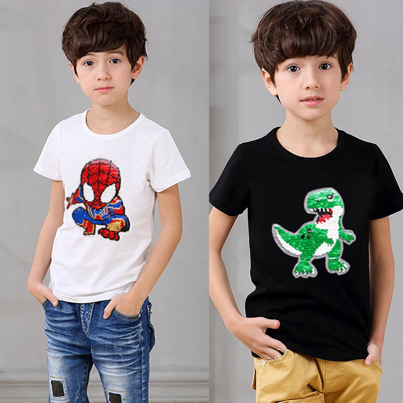 Áo Thun Cotton Đính Kim Sa Thay Đổi Màu Sắc Hình Spiderman Captain America Khủng Long Cho Bé Trai 2-8 Tuổi