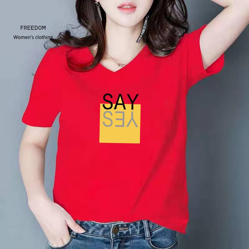 freedom  Red V Collar for women 2021 Áo sơ mi kiểu Hàn Quốc mới, đen trắng rộng rãi mùa hè phong cách phương tây nửa tay