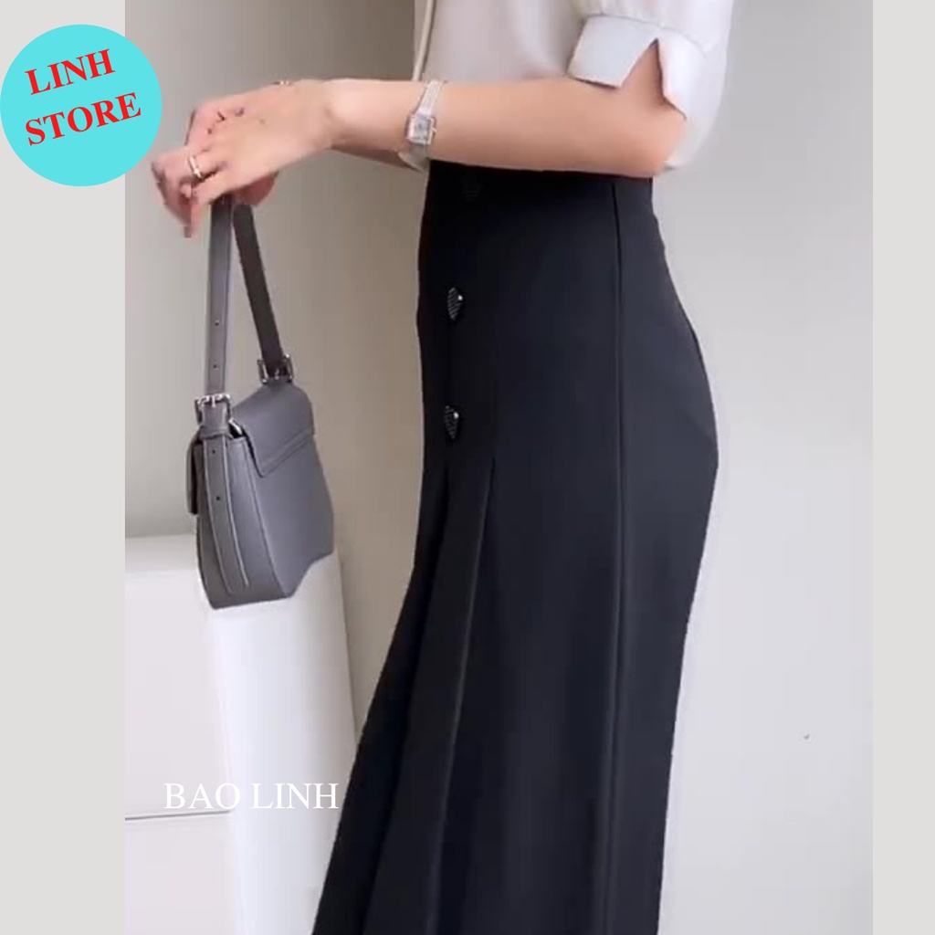 Chân Váy Dài Qua Gối Linh Store Phối Ba Cúc Chữ A Công Sở Chất Liệu Tuyết Mưa Hãng Vitex