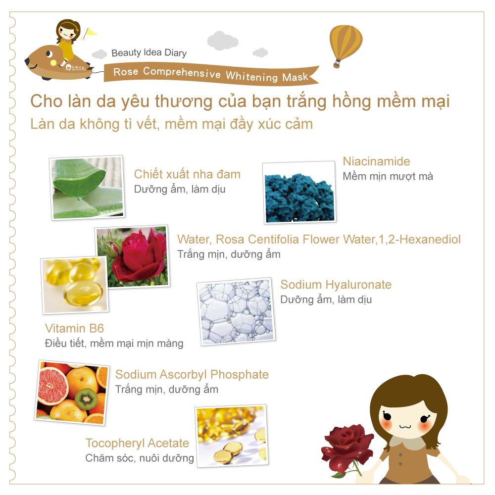 Mặt nạ lụa mềm mại,trắng sáng,chăm sóc da Hoa Hồng Beauty Idea Diary-Đài Loan 25ml/ miếng.