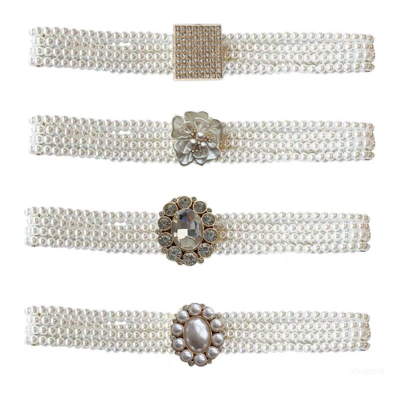 Thắt lưng co giãn đính đá pha lê ngọc trai phối đầm nữ