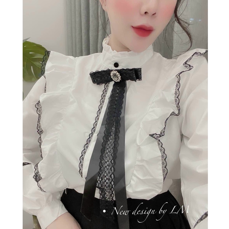 áo sơ mi tay bồng cổ nơ viền bèo kaca shop