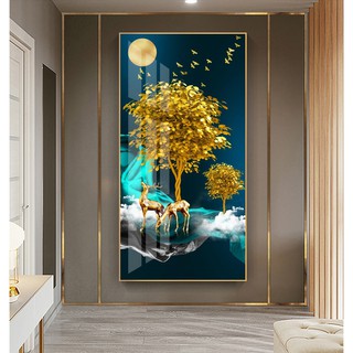 Tranh treo tường hiện đại nghệ thuật nai và cây vàng tài lộc chất liệu bóng kính hoặc vải canvas 10220835