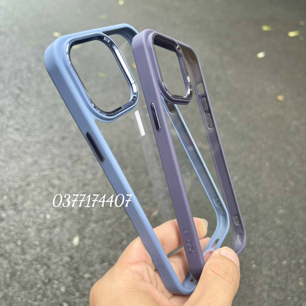Ốp lưng X&M trong kính viền màu  cho iPhone 15 Pro Max, 14, 14 Max, 14 Pro, 14 Pro Max vành camera bọc nhôm sang trọng