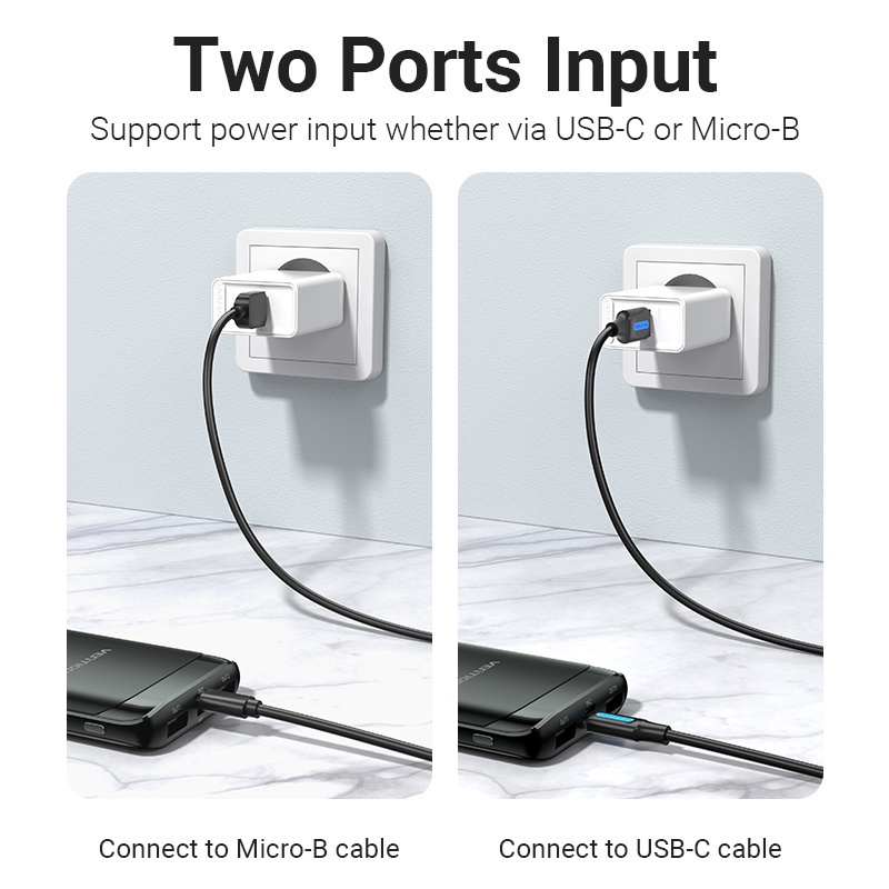 Sạc dự phòng Vention 10000mah với 2 cổng sạc USB Type-C và Micro USB đa năng - Sạc nhanh, nhỏ gọn, dung lượng cao