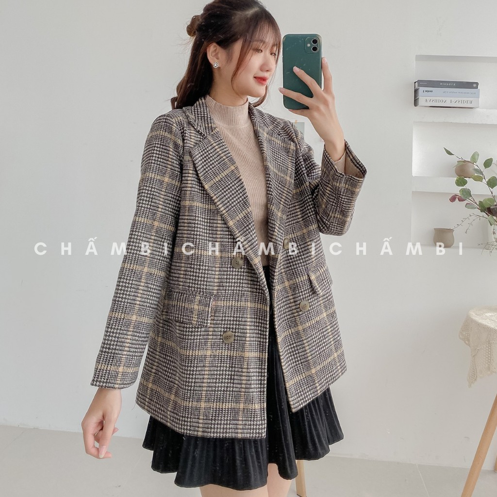 Áo Khoác Dạ Dáng Blazer 2 Lớp Màu Kẻ Vàng Freesize&lt;57kg - A.098
