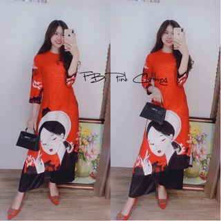 Set Áo dài cách tân cô gái đỏ ( Hình thật )