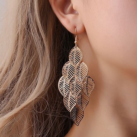 Bông Tai Mạ Vàng / Bạc Nhiều Lớp Hình Chiếc Lá Rỗng