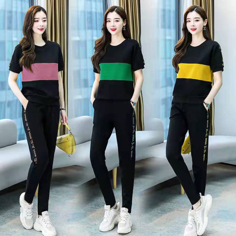 Bộ Áo Thun Tay Ngắn + Quần Dài Thể Thao Phong Cách Hàn Quốc Thời Trang Mùa Hè Cho Nữ