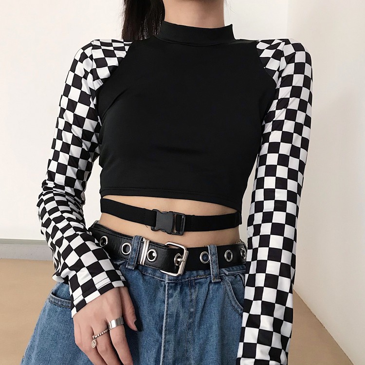 Áo croptop dài tay ôm body kiểu lạ sexy phối tay caro ( hàng order không có sẵn)