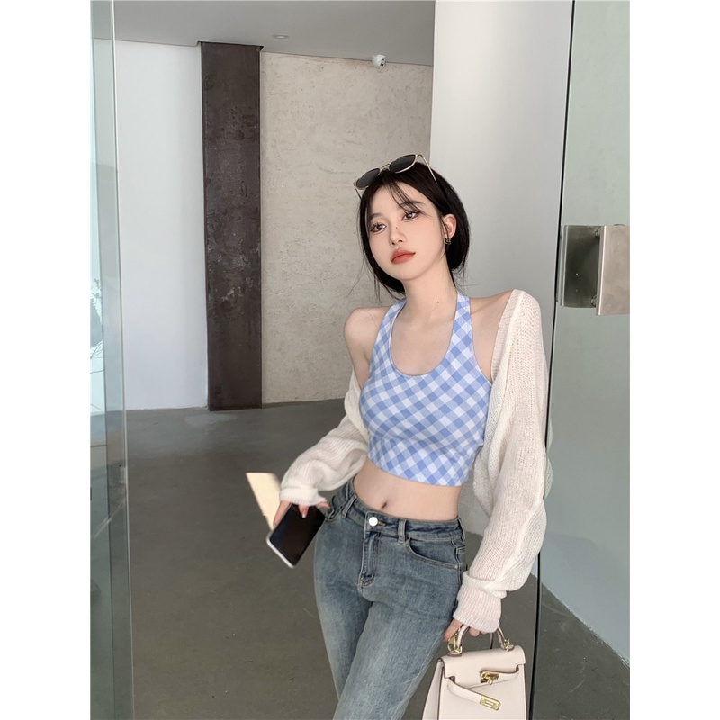 Áo hai dây Cổ Yếm Kẻ Sọc Caro Nhiều Màu Sắc Ngọt Ngào Kiểu Mỹ Cổ Điển