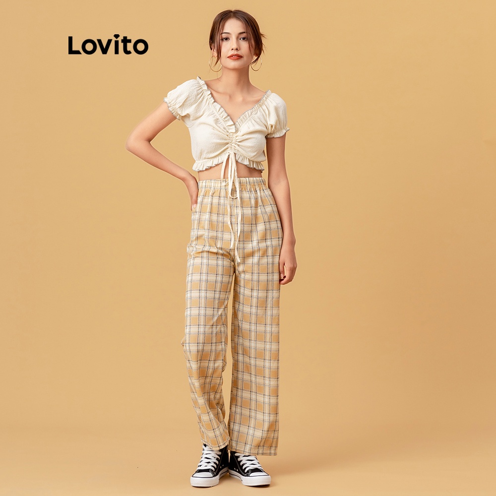 Áo Lovito phối dây rút nhún bèo lai áo màu trơn giản dị L05609 (màu be) | BigBuy360 - bigbuy360.vn
