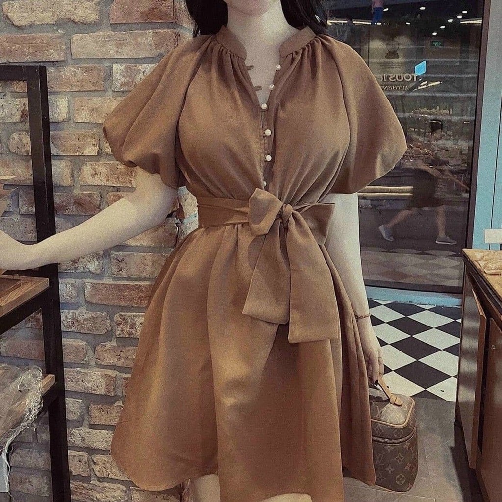 Đầm chữ A xòe phối dây mặc 2 kiểu, ĐẦM SUÔNG NÚT CƯỜM