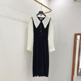 Váy nhung phối tay lụa cổ sen hàng QC