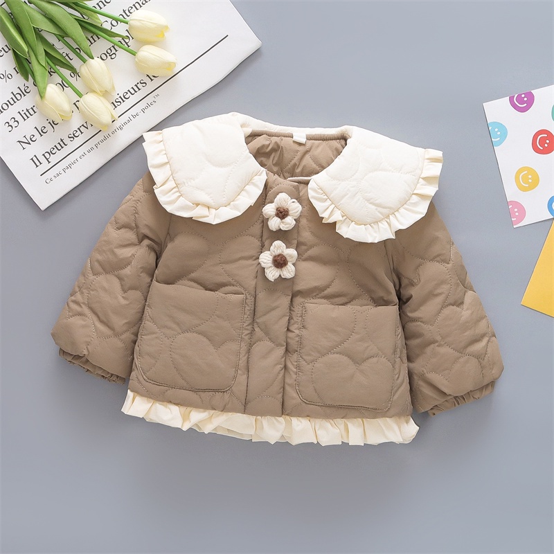 Áo Khoác Cotton Dày Ngắn Cổ Búp Bê Viền Bèo Dễ Thương Giữ Ấm Mùa Đông Cho Bé Gái