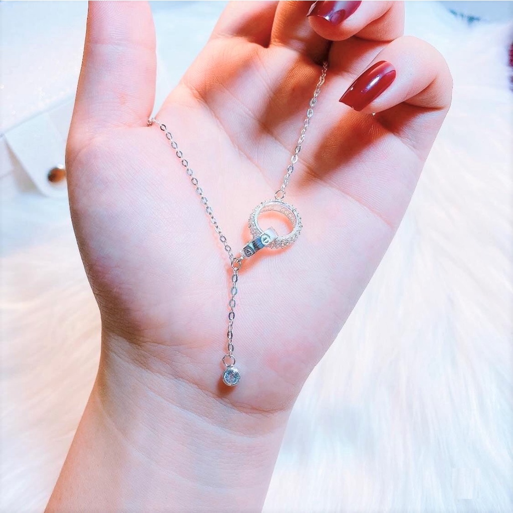 Dây chuyền bạc nữ Evasilver mặt nhẫn đính đá lồng hình tròn, Vòng cổ chất liệu bạc ta, ảnh thật