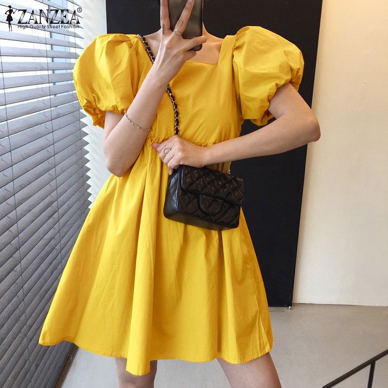 Đầm ZANZEA dáng chữ A tay phồng phong cách Hàn Quốc thời trang cho nữ