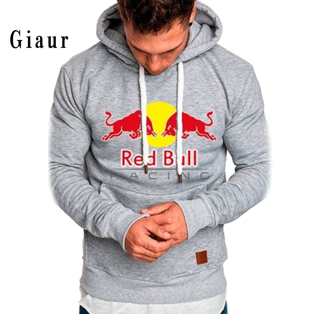 GIAUR  Outdoor Sport Men Red Bull Print Drawstring Hoodie Long Sleeve Hooded Sweatshirt