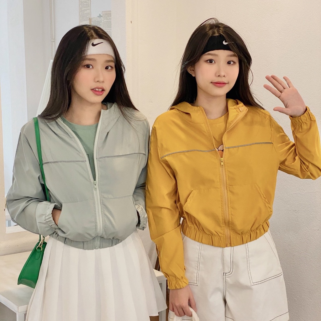 Áo khoác dù nữ FM Style chống nắng dáng lửng 1 lớp siêu nhẹ thiết kế sọc ngang họa tiết trơn phối mũ năng động 210701109