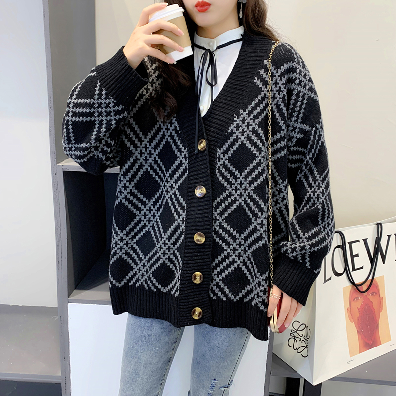 Áo Cardigan Dệt Kim Tay Dài Cổ Chữ V Họa Tiết Sọc Caro Phong Cách Retro