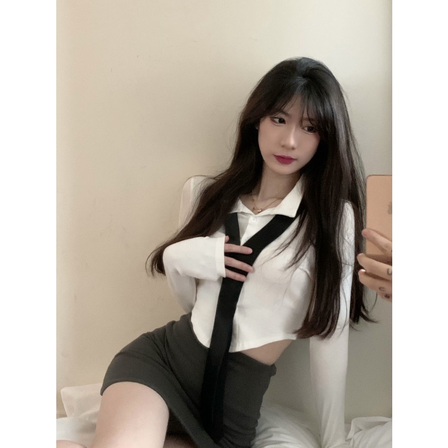 Set Áo Sơ Mi Trắng Tay Dài + Chân Váy Ôm Eo Cao Mẫu Mới Thời Trang Mùa Hè Cho Nữ