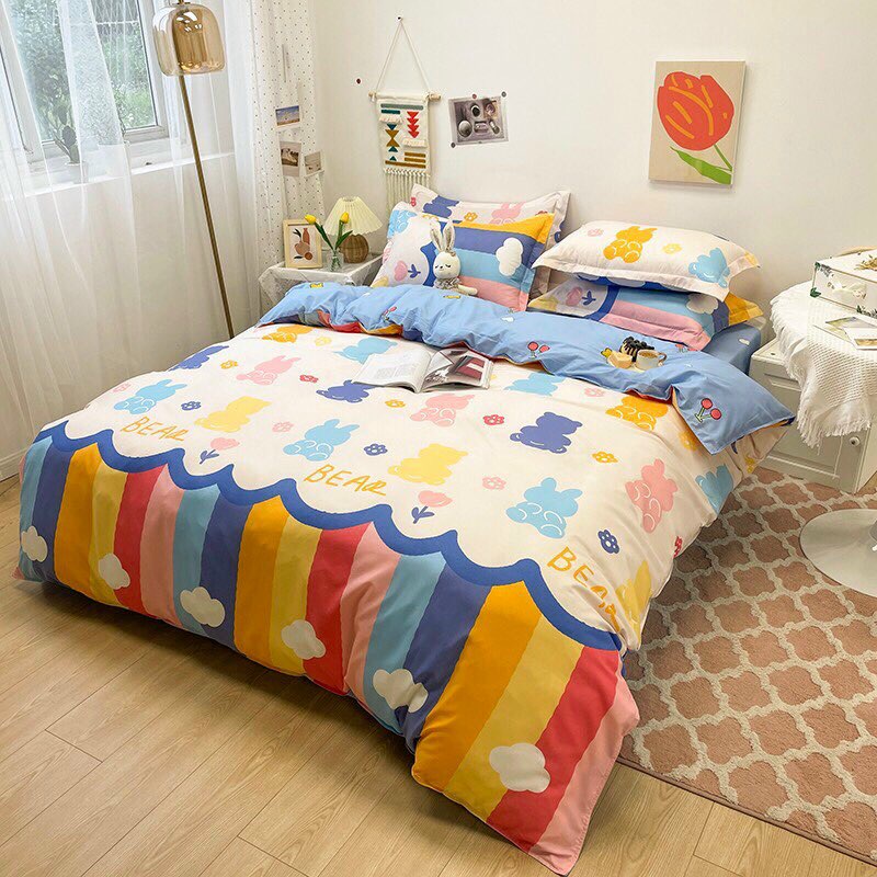 [Nhập khẩu] Bộ chăn ga gối poly thỏ gấu cầu vồng - 4 món - Miễn phí bo chun ga