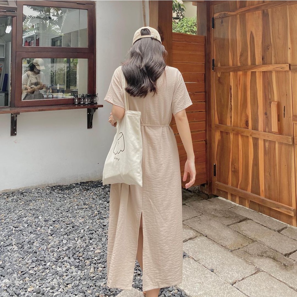 Đầm nữ dáng dài form rộng - Váy suông dài trơn, thắt eo vintage V-TS