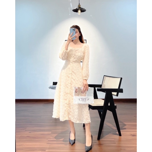 Đầm công sở 🍏Đầm dự tiệc phom xoè cổ vuông lông vũ tay lỡ