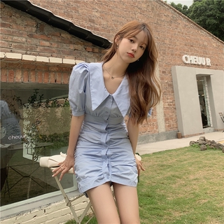 Áo sơ mi của  nữ thiết kế mùa hè xếp ly eo cho thấy bong bóng mỏng tay áo váy hông váy ngắn