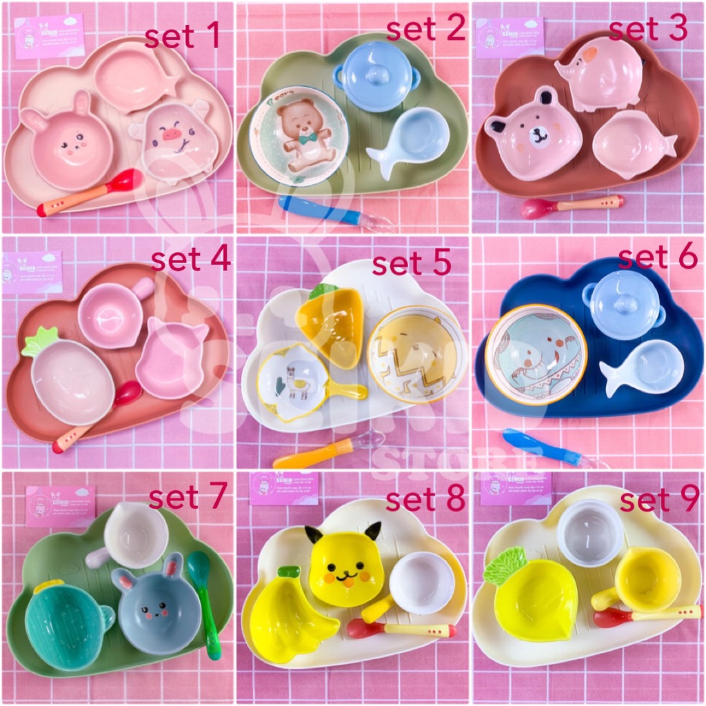 Combo Set Bát Sứ Ăn Dặm Cho Bé Đủ Màu Ngộ Nghĩnh Gồm Khay 3 Bát Ăn Sứ Kèm Thìa Báo Nóng Seikid Store