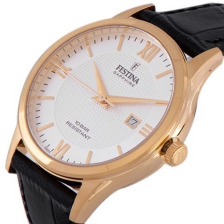 Đồng hồ nam dây da Festina F20010/2 chống nước 10 ATM có thể bơi lặn, có lịch ngày, mặt kính Sapphire chống xước cao cấp