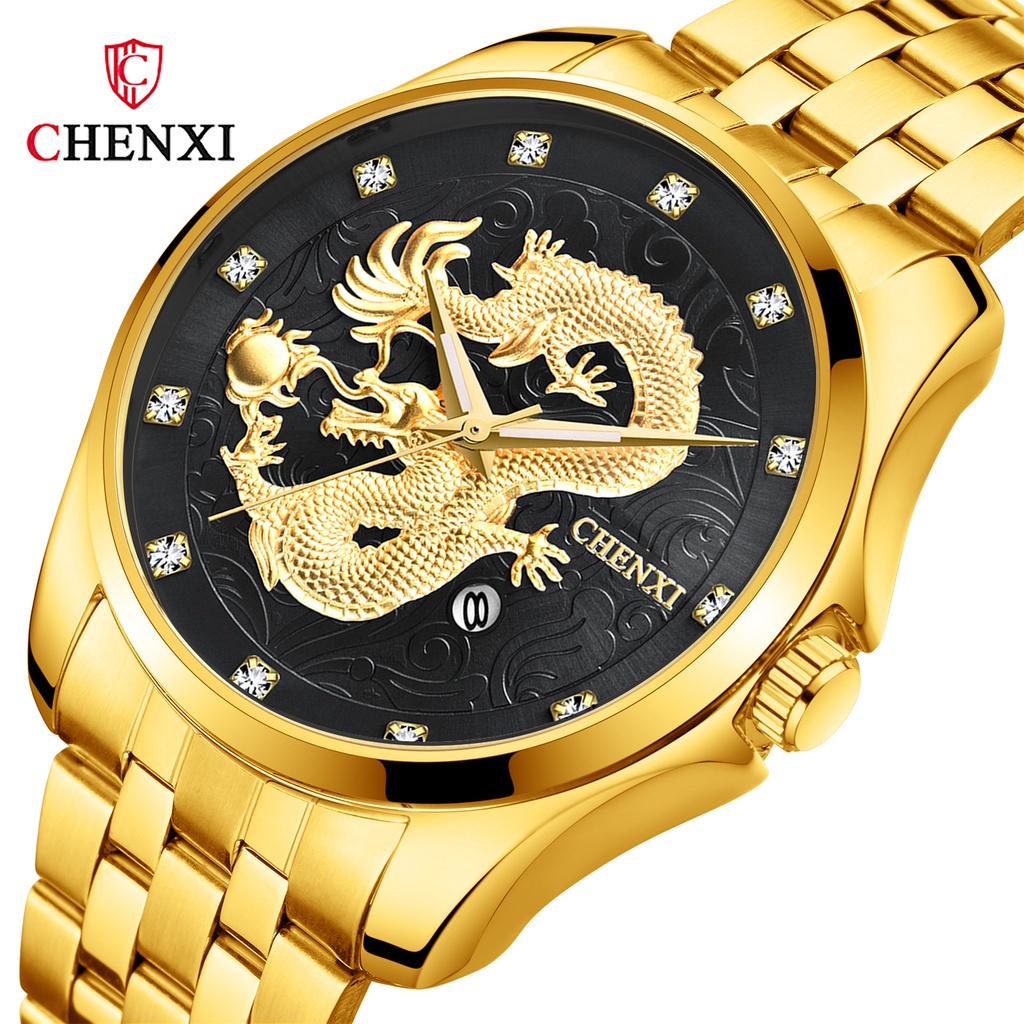 Đồng Hồ Quartz Chexi Dragon Dập Nổi Chất Liệu Thép Không Gỉ Mạ Vàng 8220