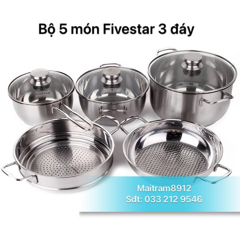 BỘ NỒI INOX 5 MÓN FIVESTAR 3 ĐÁY, gồm 1 nồi inox 3 đáy 20 cm, 24 cm, 1 xửng hấp 24 cm, 1 chảo 24 cm, 1 quánh 18 cm