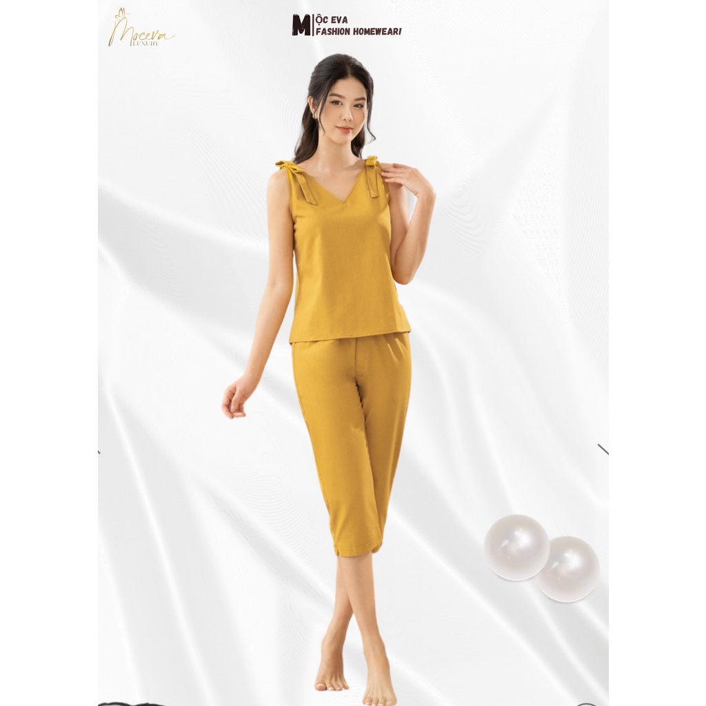 Bộ mặc nhà Linen Hàn cao cấp Mộc Eva áo sát nách quần lửng thoáng mát ngày hè T322201