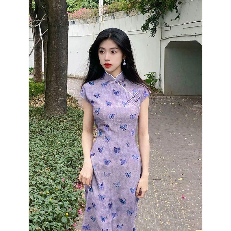 M & E Hàng Có Sẵn Sườn Xám Cách Tân Tay Ngắn Màu Tím Phong Cách Retro Mùa Hè 2022 Mới Cho Nữ
