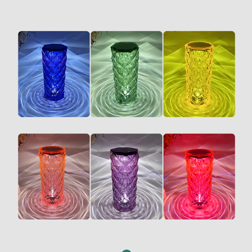 Đèn ngủ led hiệu ứng hoa hồng pha lê Tây Ban Nha, hình trụ cảm biến 16 màu, có điều khiển từ xa điều chỉnh được độ sáng