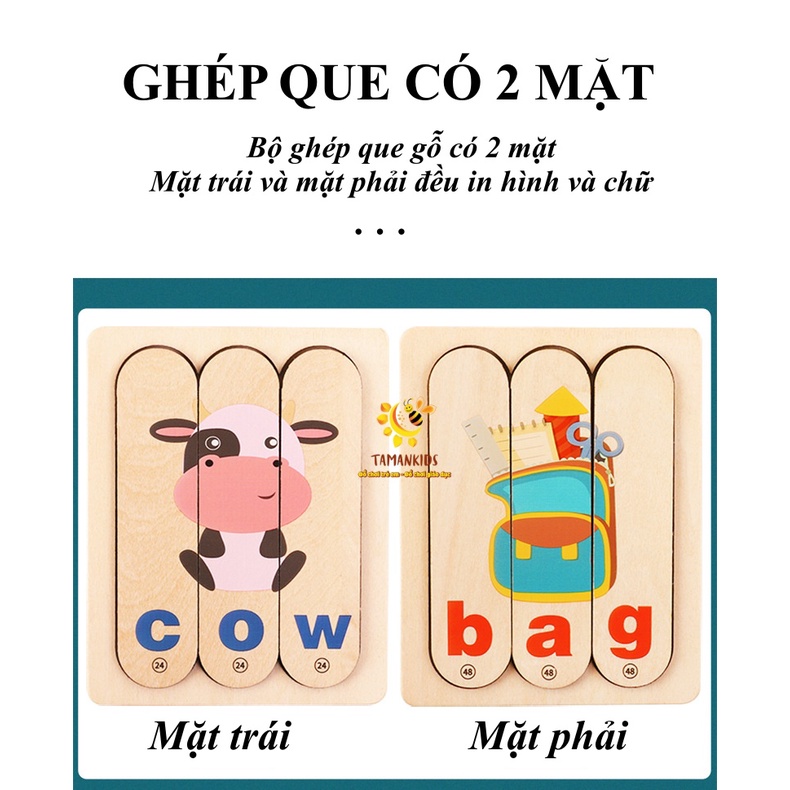 Đồ Chơi Gỗ Học Tiếng Anh Bộ Ghép Que Gỗ 96 Chi Tiết, 54 Hình Minh Họa Giúp Bé Phát Triển Tư Duy