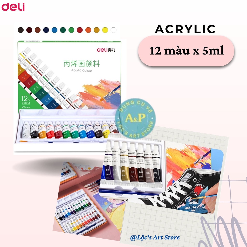 Bộ Màu ACRYLIC + Kèm Cọ Vẽ Vải / Áo / Giày /Tường Cao Cấp DELI Dạng Tuýp 5ML