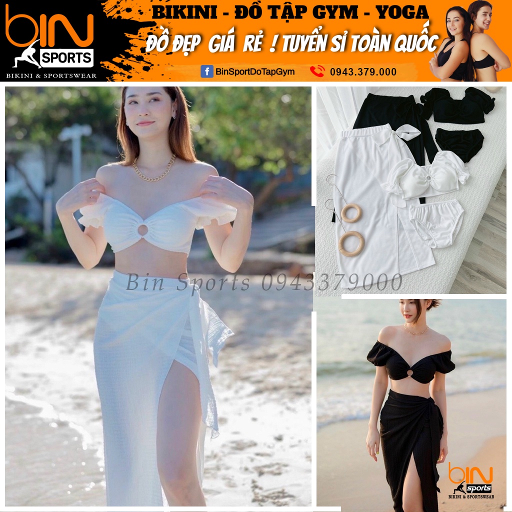 Đồ bơi nữ, Bikini Set 3 món áo tay bồng trễ vai phối khoen, quần chan váy dài  cực xinh,chất vải xốp Bin Sports BHV170