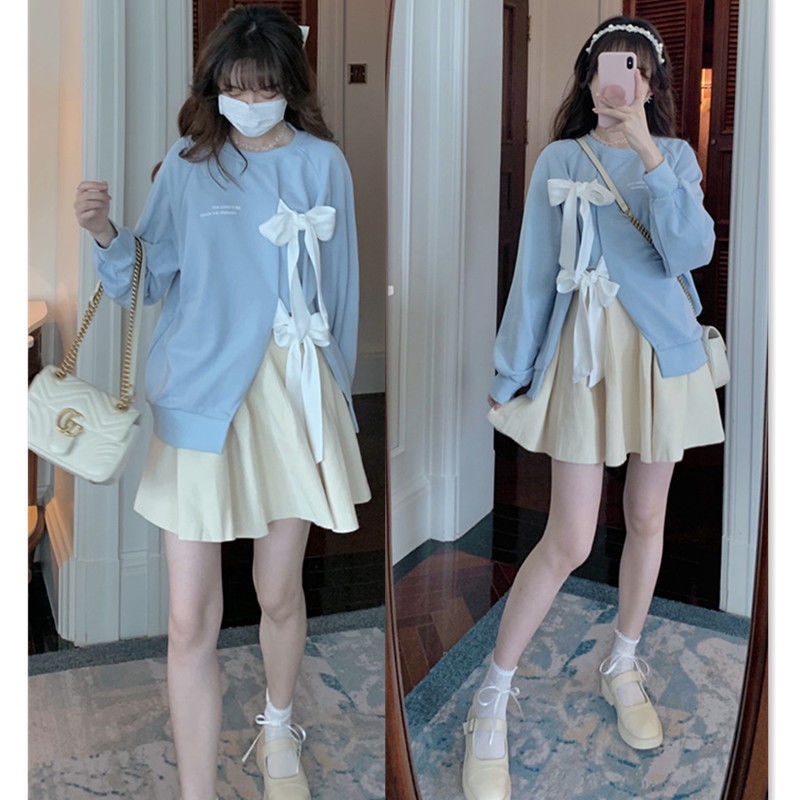 2022 Bow Outside wearing a design sweater Mesh half-length skirt pleated skirt sweater skirt skirt skirt two-piece set small student suit