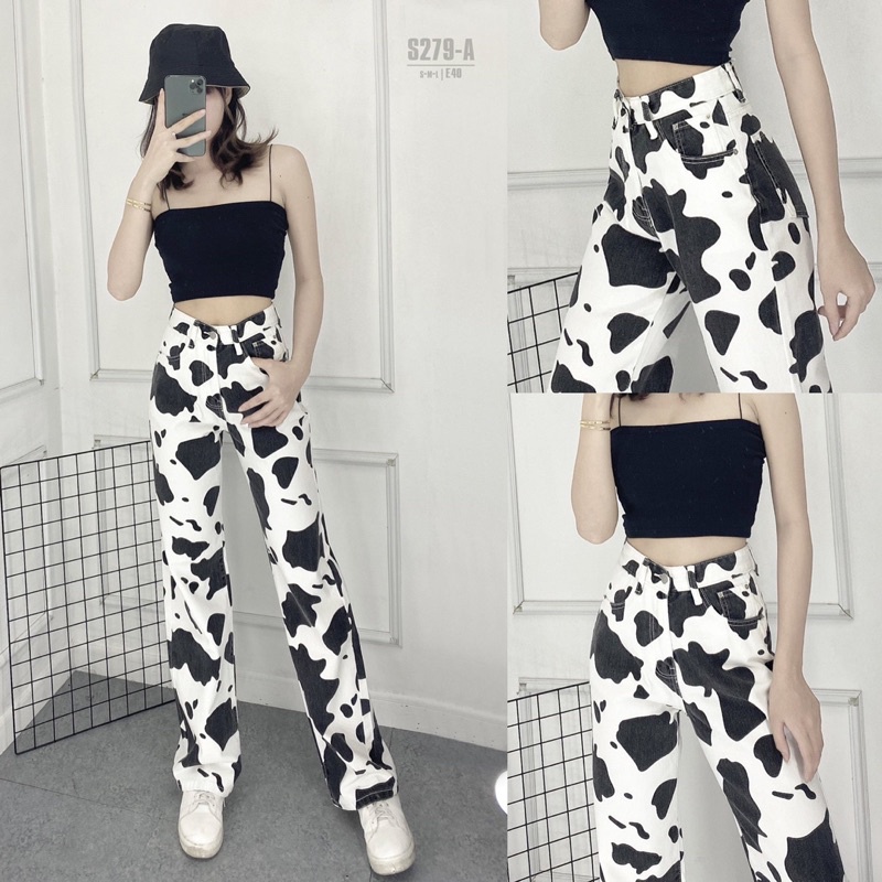 QUẦN JEANS NỮ ỐNG XUÔNG HOẠ TIẾT LOANG BÒ SỮA