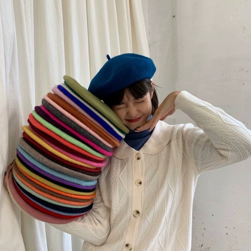 Mũ Beret Len Màu Sắc Đơn Giản Thanh Lịch Dành Cho Nữ