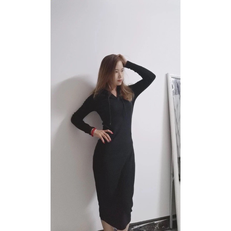 VÁY LEN BODY DÀI TAY CÓ MŨ CAO CẤP CHO NỮ - VÁY LEN NỮ DÁNG DÀI ÔM BODY CÓ MŨ CỰC XINH