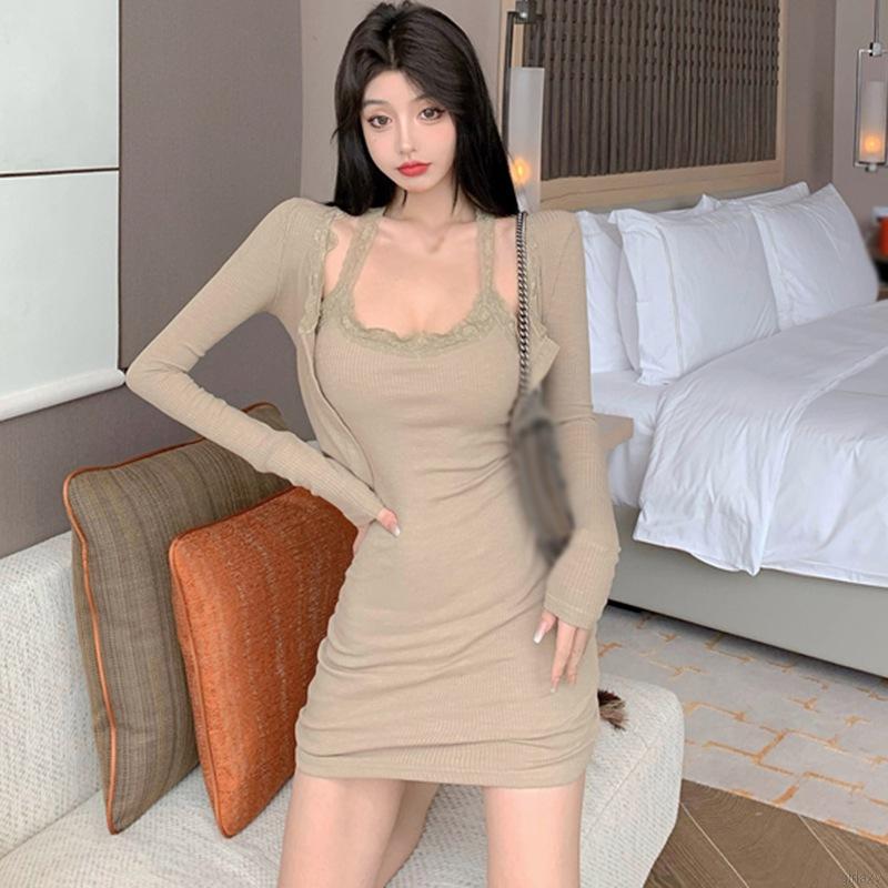 Set đầm dây màu trơn kèm áo khoác cardigan quyến rũ cho nữ