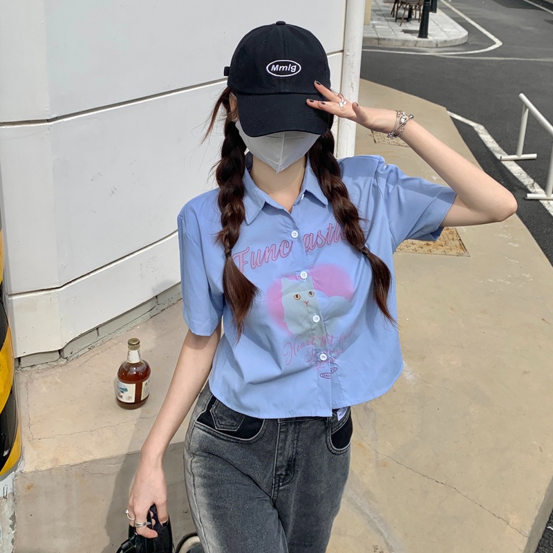 【ZHELIHANGFEI】Áo Sơ Mi Tay Ngắn Cổ POLO Lưng Cao Họa Tiết In Theo Phong Cách Preppy Dễ Phối Đồ